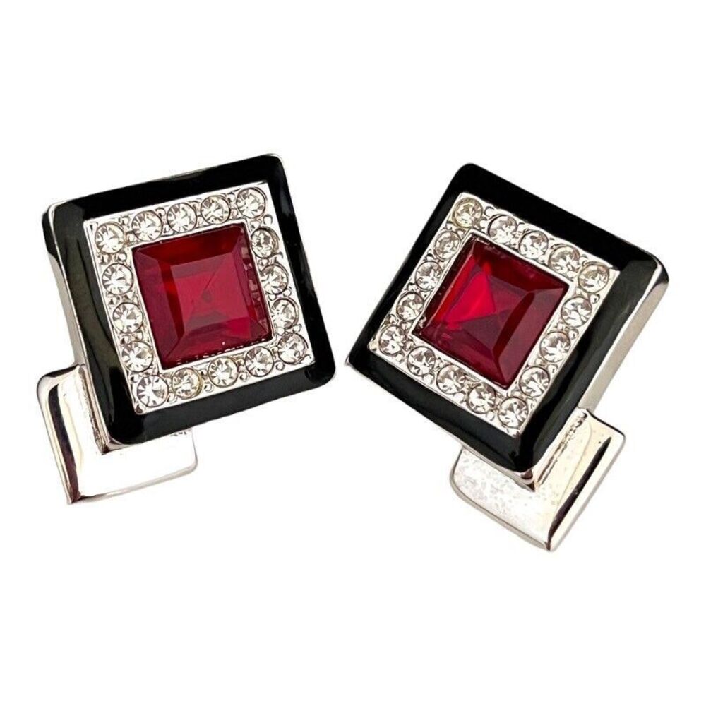 Vintage 1980s Monet Statement Earrings Red Crystal Enamel Silver Tone - 6W
